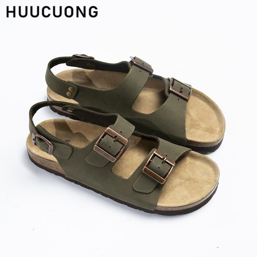 Giày sandal  unisex Quai Ngang 2 Khóa HUUCUONG Quai Da Thật Màu Xanh Rêu Đế Trấu