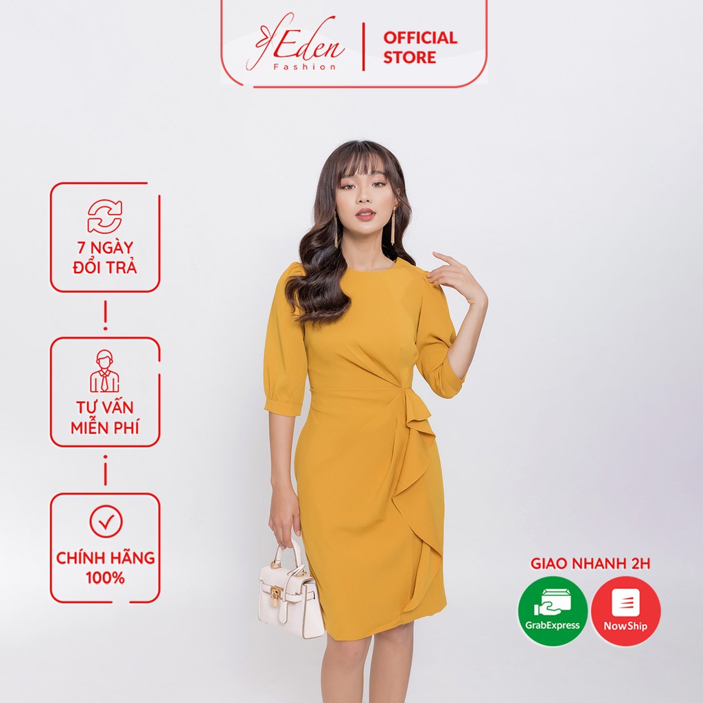 Đầm công sở nữ thiết kế thời trang Eden dạng váy ôm body tay lỡ phối bèo ở eo cổ tròn duyên dáng sang trọng - D400