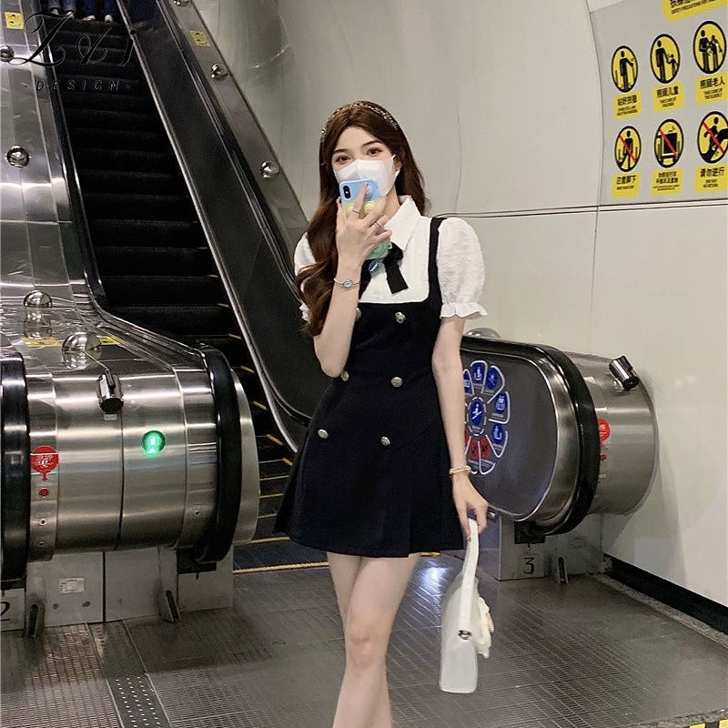 Váy Ngắn Mỏng Giả Hai Lớp Tay Phồng Thắt Nơ Tháo Rời Được Màu Trơn Phong Cách Nước Ngoài Mùa Hè Dành Cho Bạn Gái