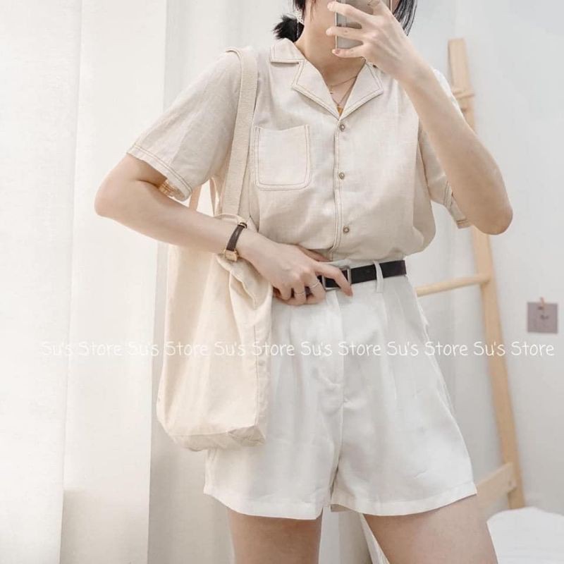 áo sơ mi cổ vest chỉ nổi vintage ảnh thật