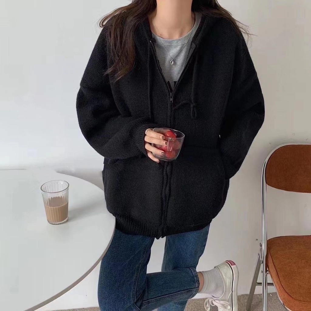 Áo Khoác Nỉ Len Tăm PEONYB Nữ [FREESHIP]  Hoodie zip form rộng tay bồng, sweater trơn màu pastel cá tính Ulzzang