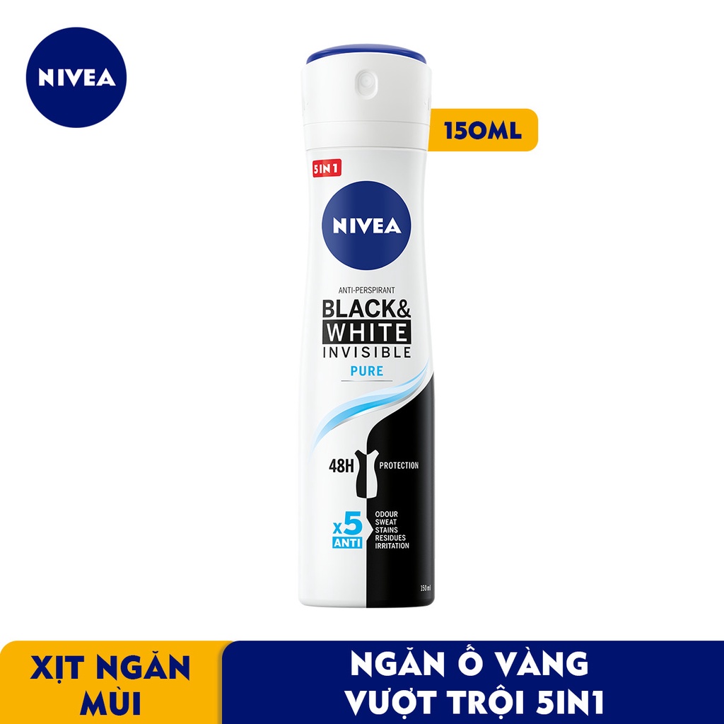 Xịt ngăn mùi NIVEA Black &amp; White 5in1 ngăn vệt ố vàng vượt trội (150ml)