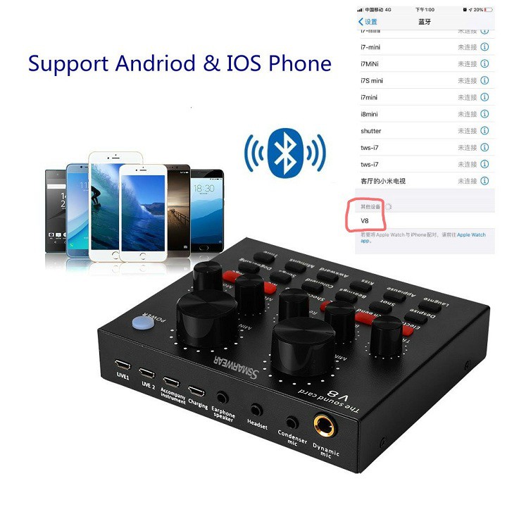 Soundcard V8 Bluetooth, Micro Karaoke BM 900 - Tai Nghe XB-450 Hát Karaoke Livetream