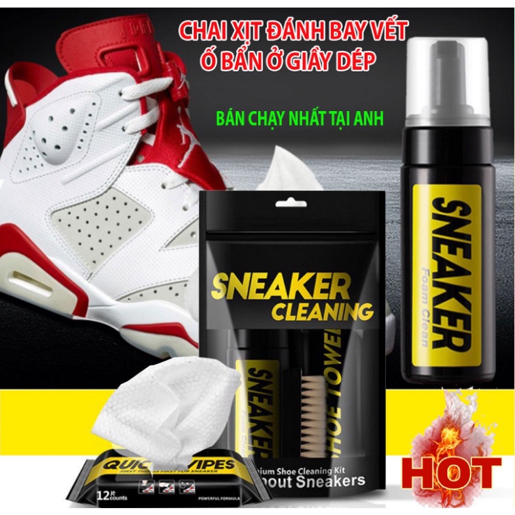 Bộ Kit Vệ Sinh Giầy Sneaker Cleaning 150ml, Tặng Khăn Lau - Chai Xịt Chuyên Khử Mùi - Làm Sạch Vết Ố Ở Giầy Dép