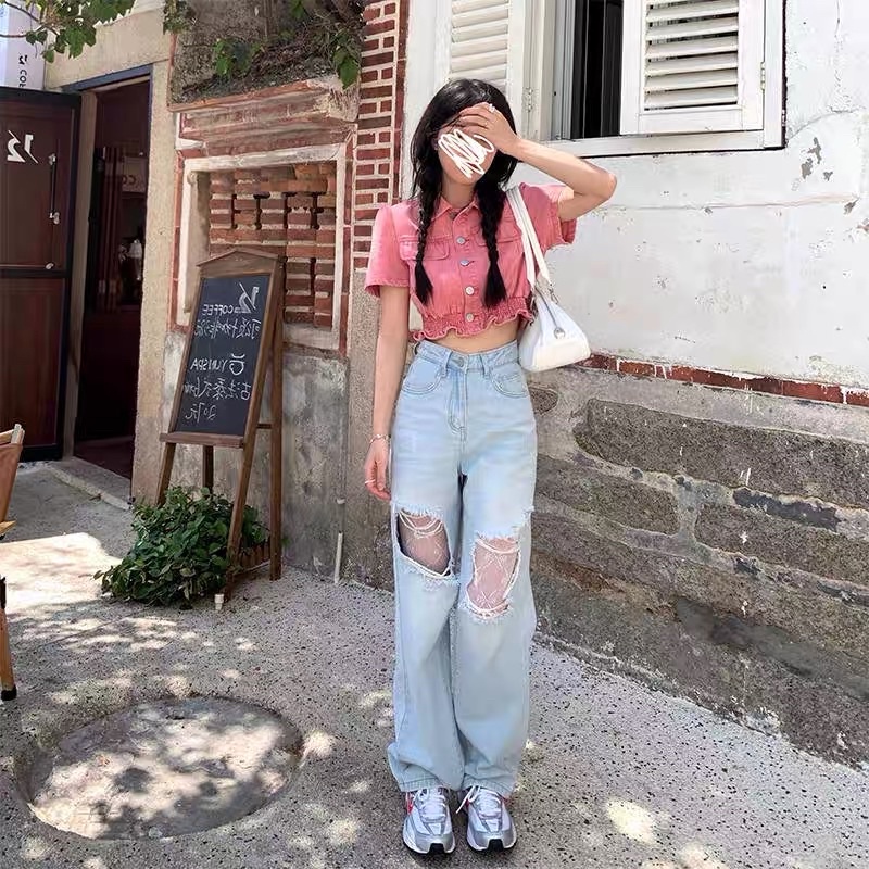 Áo Jean cổ kiểu sơmi túi hộp nữ tay ngắn croptop phối quần Ống rộng