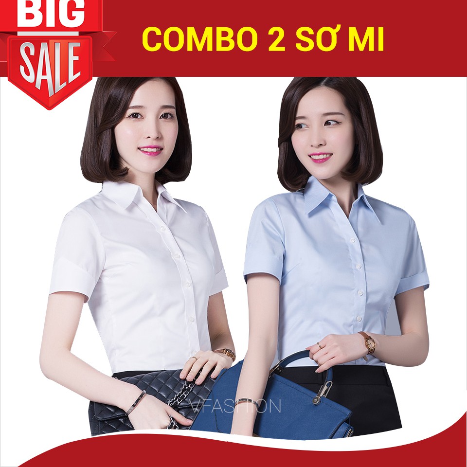 Combo 2 sơ mi Ngắn Nữ Trắng+Ngắn Nữ Xanh Nhạt | BigBuy360 - bigbuy360.vn