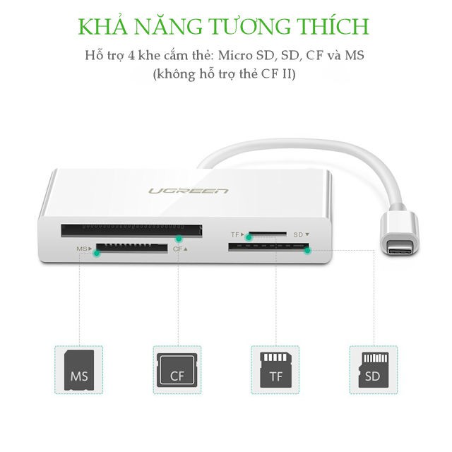 Bộ chuyển đổi USB-C sang đầu đọc thẻ nhớ 4 cổng Micro SD/TF/CF/MS UGREEN CM102 40444