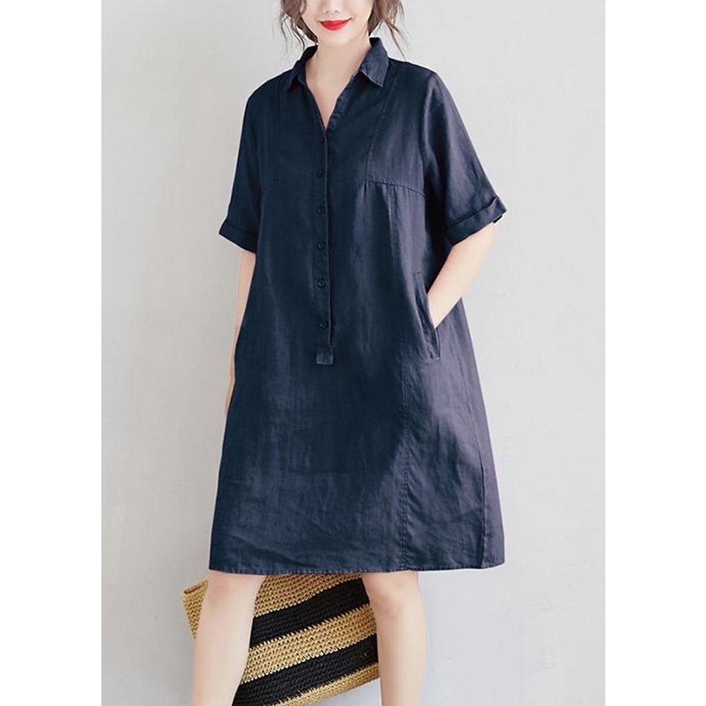 Đầm suông linen cổ đức 2 túi chéo, chất liệu linen mềm mát, thời trang phong cách trẻ