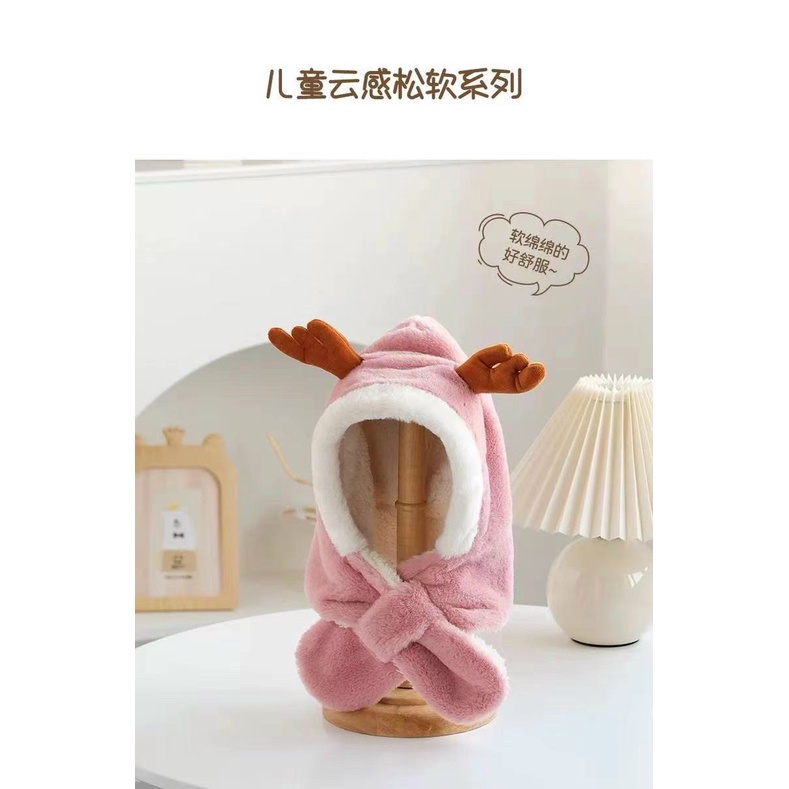 PVN39083 Mũ trẻ em mùa đông lót lông sừng hươu cute nón kèm khăn siêu ấm cho bé hàng Quảng Châu