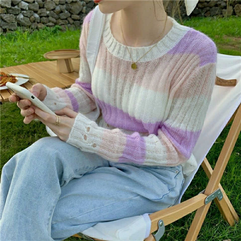 Jiashucheng Áo Sweater Tay Dài Dáng Rộng Ngắn Màu Gradient Phong Cách Hàn Quốc Mùa Thu Cho Nữ