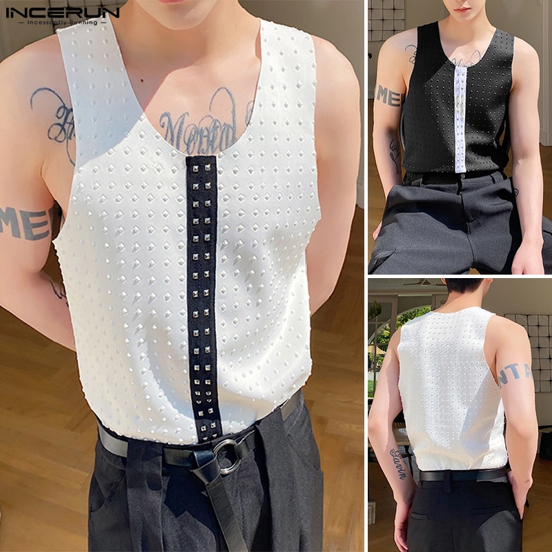 INCERUN Áo Thun Ba Lỗ Màu Trơn Phối Đinh Tán Thời Trang Cho Nam