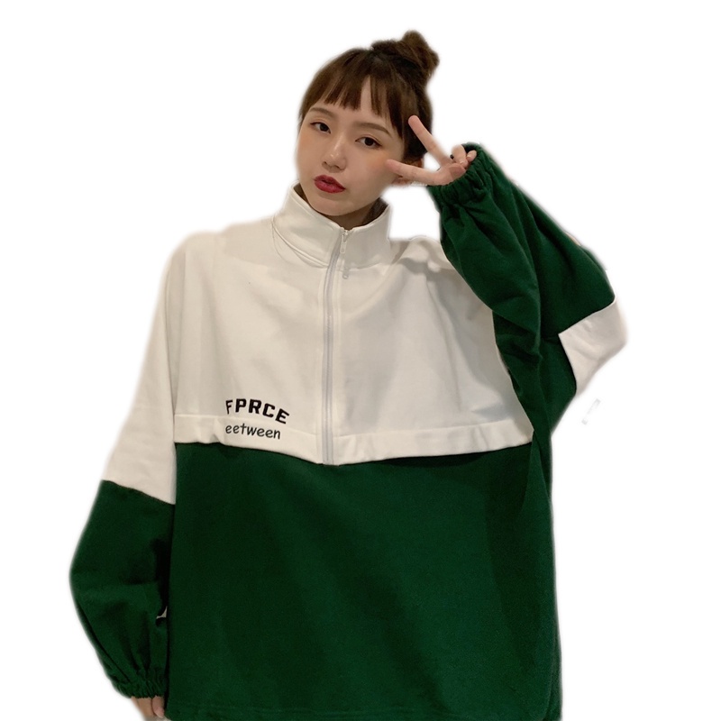 Áo nỉ tay dài cổ đứng phối khóa kéo thêu chữ phong cách retro thời trang Hàn Quốc