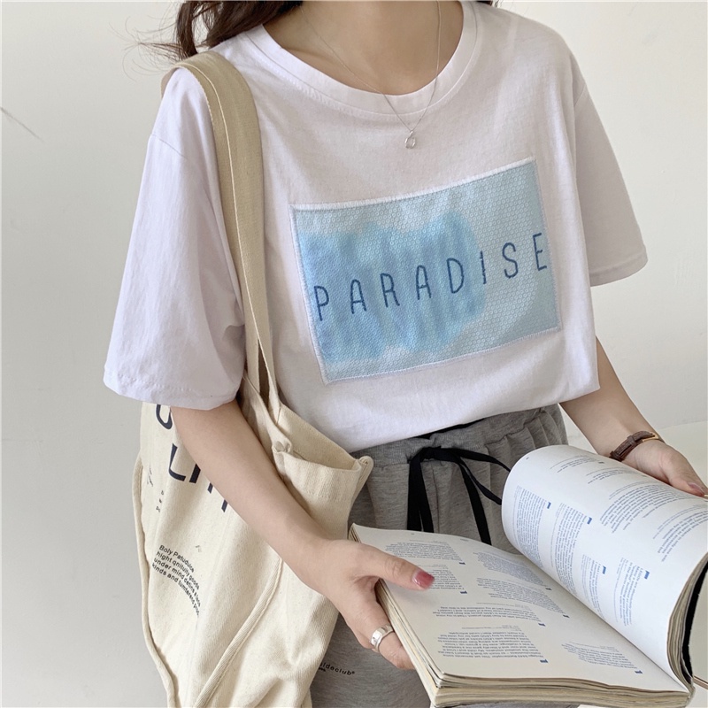 Áo Thun Tay Ngắn Cổ Tròn Thêu Chữ Đính Kim Sa Lấp Lánh Thời Trang