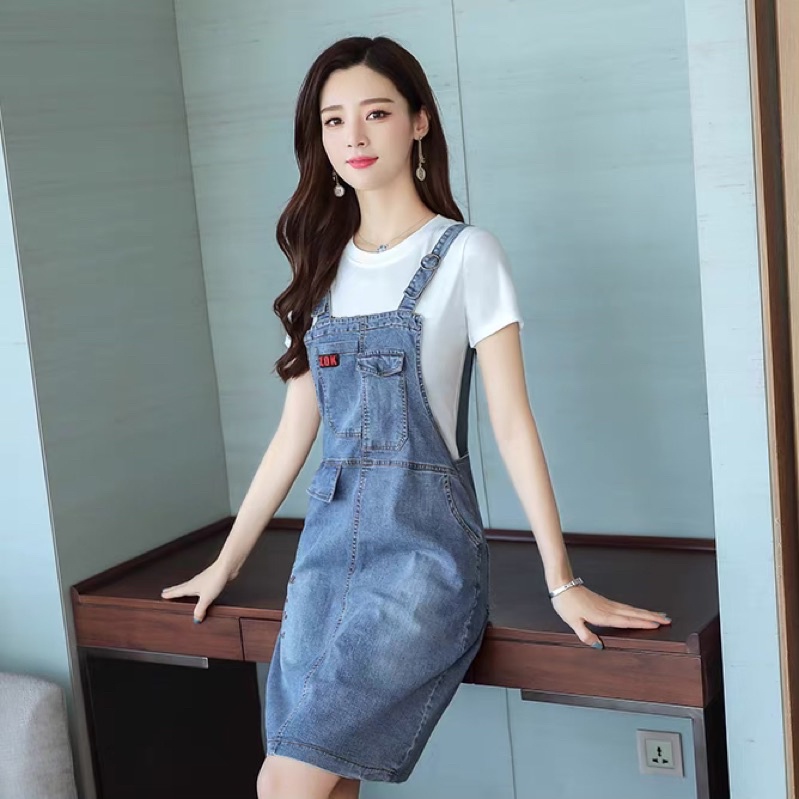 Set yếm váy Jean nữ cao cấp, thiết kế thêu chữ trẻ trung, phong cách NV0966