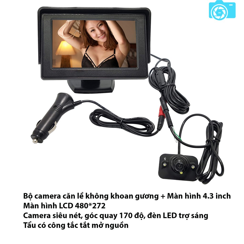 Bộ camera cặp lề không cần khoan gương, màn hình LCD 4.3 inch, dễ dàng lắp đặt