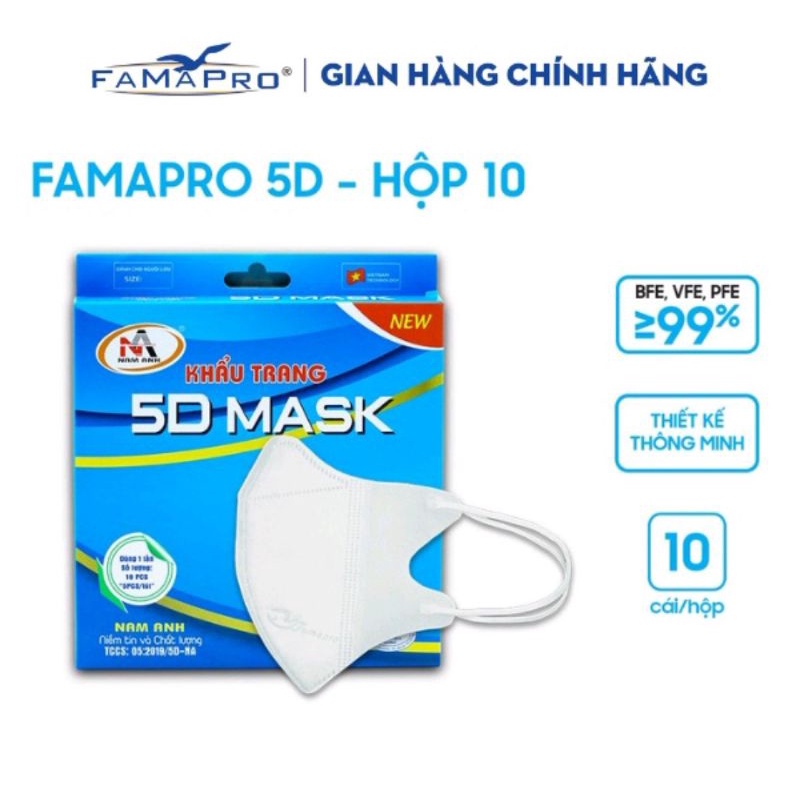 Khẩu trang y tế kháng khuẩn 3 lớp Famapro 5D Mask (10 cái/hộp )