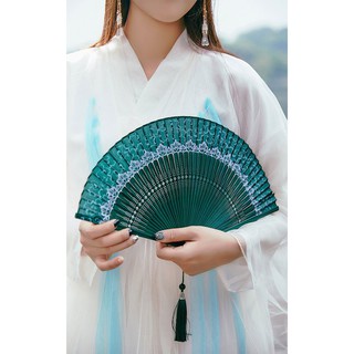 (200) Quạt cổ trang LỤC TRÚC LÂM gắn tua rua cosplay cổ trang trung hoa