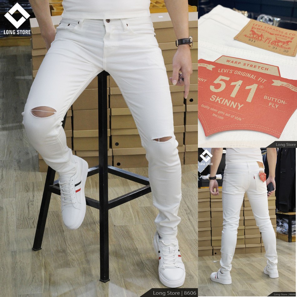 Quần jean nam rách gối trắng trơn ✅CÓ BIG SIZE✅ Quần bò nam dáng ôm SLIMFIT skinny co giãn cao cấp - 8606