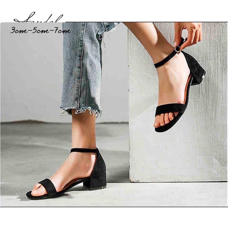 Giày sandal 3 phân mũi tròn Ann xi lộn gót vuông phối quai ngang kiểu dáng basic_A09SD