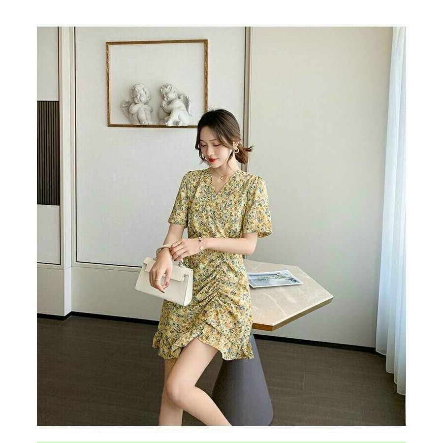 Đầm họa tiết hoa cổ tim tay lơ chân váy đuôi cá rút dây xinh lung linh