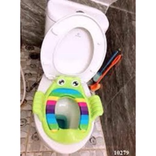 Bô Thu gọn bồn cầu ếch có tay vịn và đệm lót ngồi, màu sắc dễ thương phù hợp bé trai và bé gái