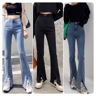 Quần jeans nữ ống loe xuông đứng cạp cao, quần bò xẻ gấu co dãn hàng cao cấp