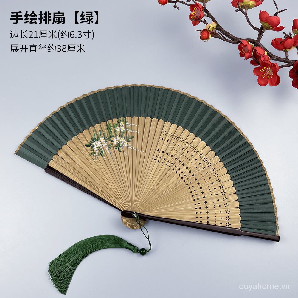 Quạt xếp cầm tay màu xanh lá phong cách Trung Hoa cổ điển cho nữ