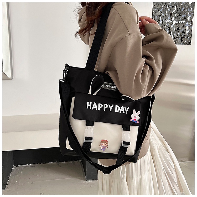 Túi tote đeo chéo đeo vai nữ canvas có khóa kéo phối màu tai thỏ