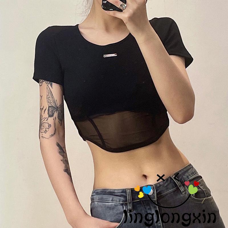 Áo Croptop Tay Ngắn Cổ Tròn Phối Lưới In Họa Tiết Nhãn Hiệu Linglongxi 2-Fit Cho Nữ