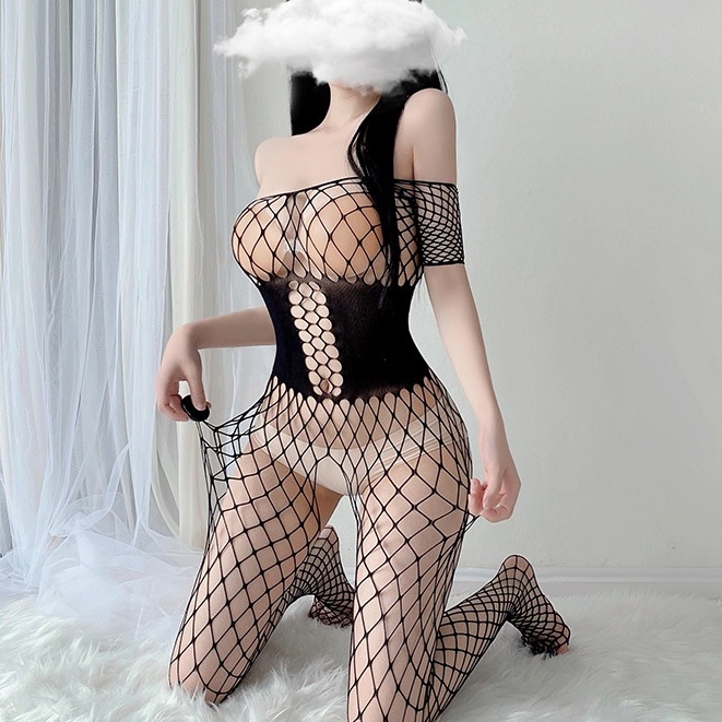 Bodysuit lưới trễ vai nhấn eo sexy - bộ đồ ngủ hở đáy co dãn tốt