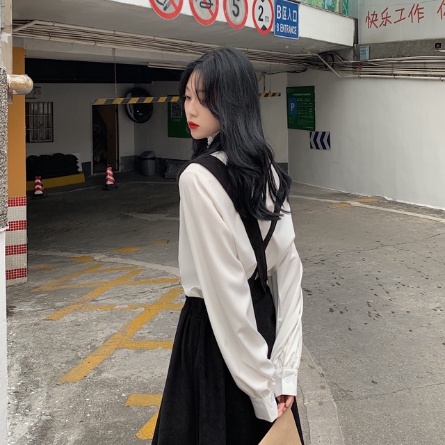 Bigsize M-4XL Set áo sơ mi + váy yếm dáng dài vintage thanh lịch