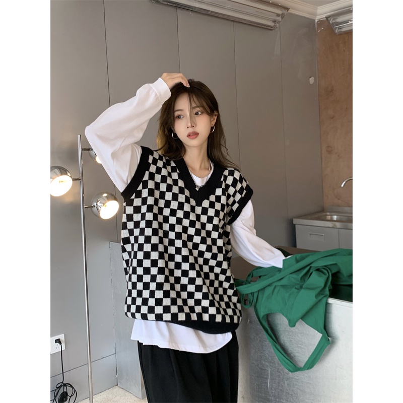 Áo gile nữ len ulzzang cổ chữ V họa tiết kẻ ô đen trắng - AL06 | BigBuy360 - bigbuy360.vn