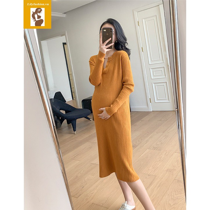 Váy đầm len suông bầu và sau sinh cổ V phong cách hàn quốc hiện đại trẻ trung cho mùa thu đông ấm áp cho mẹ bầu