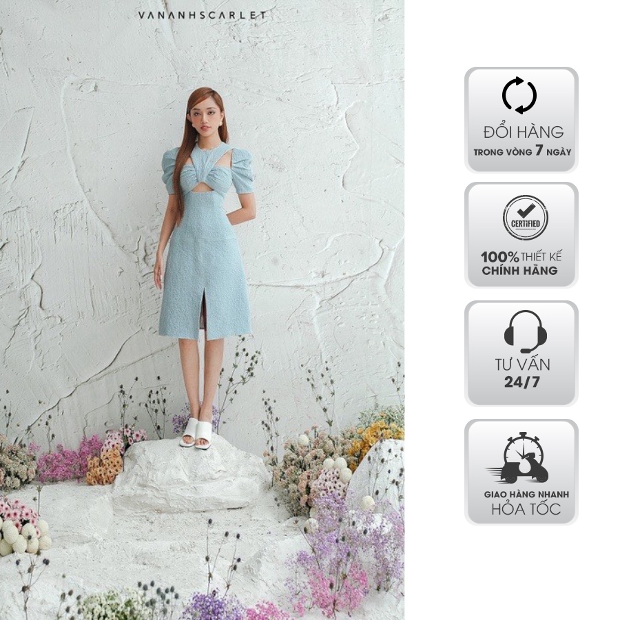 Váy nữ VANANHSCARLET nhấn ngực xẻ tà xanh V041S22