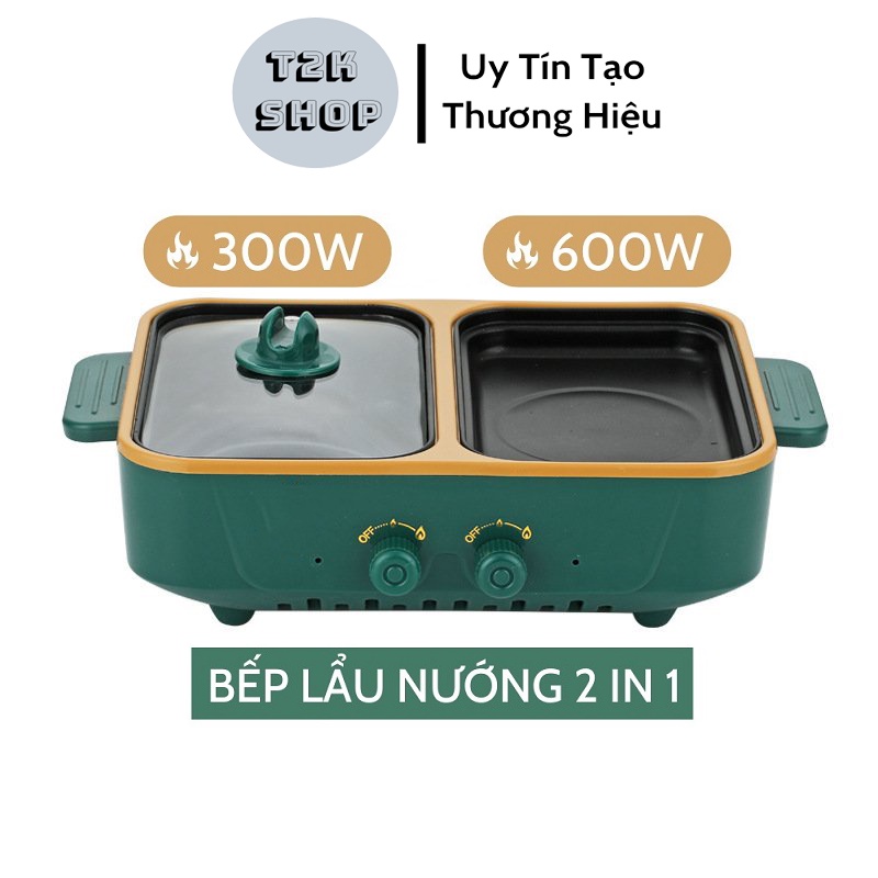 Bếp Lẩu Nướng Điện Mini 2 Nấc Nhiệt - Nồi Lẩu Nướng 2 Ngăn Tách Rời Chống Dính Không Khói - T2K Shop