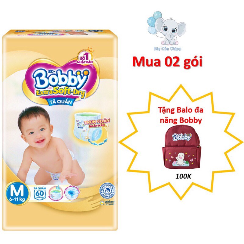 Tã quần bobby extra soft dry m64/ l56/xl50/xxl44 tặng khung long