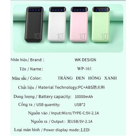 [CHÍNH HÃNG LOẠI 1] Sạc dự phòng Remax Wk-161 10000mAH tích hợp màn led/ pin sạc dự phòng thiết kế thời trang, sạc nhanh