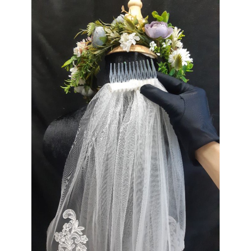 Khăn voan cô dâu một lớp viền cụm ren lớn, Khăn voan cô dâu