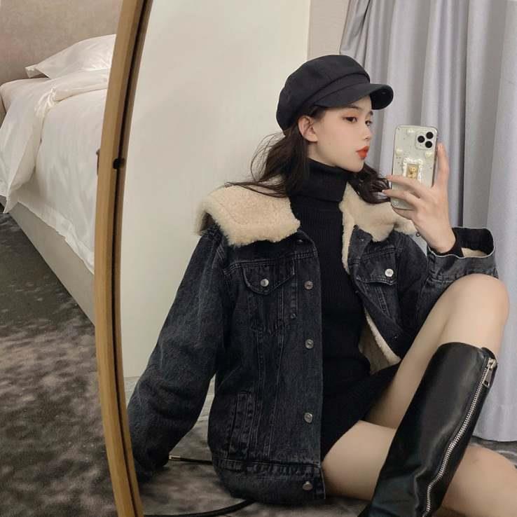Áo Khoác Denim Đệm Cotton Lót Lông Dáng Rộng Phong Cách Hàn Quốc Thời Trang Mùa Đông Mới Dành Cho Bạn Nữ Sinh Jboxes