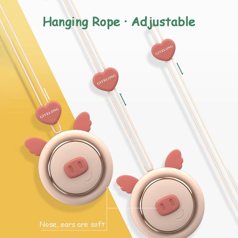 Quạt Đeo Cổ Không Cánh Mini Sạc USB Hình Chú Heo Dễ Thương Sáng Tạo Với 3 Mức Điều Chỉnh