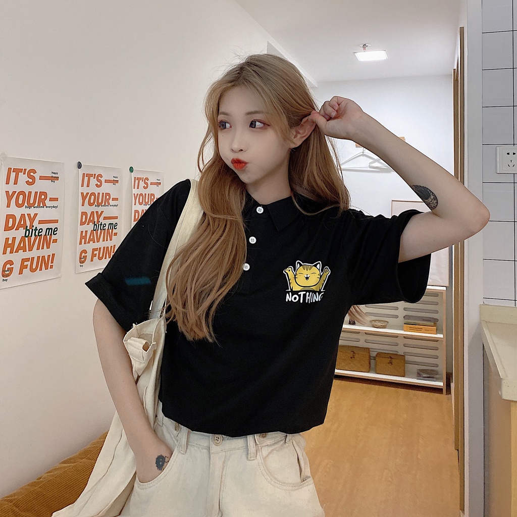 Áo Thun Nữ Form Rộng Có Cổ Trụ Đẹp Chất Cotton Unisex In Chú Mèo Nothing Dễ Thương Trẻ Trung Năng Nộng TTQ0081