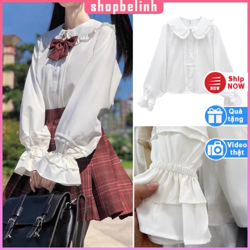 Áo sơmi trắng cổ sen tay chun may viền áo, áo sơ mi phong cách lolita dễ thương freesize - shopbelinh