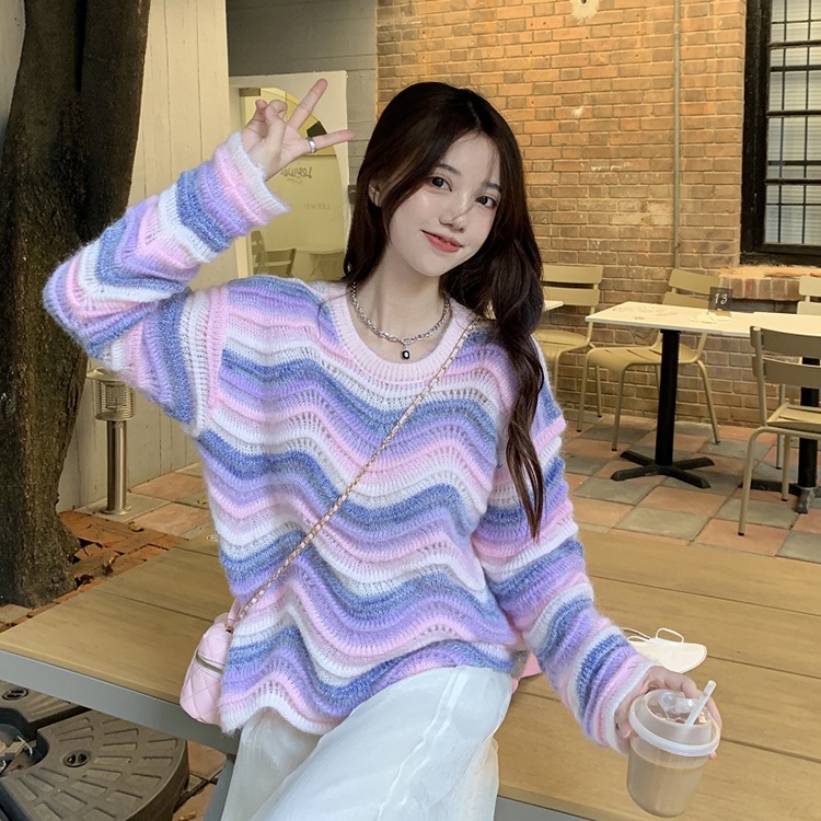 Áo Sweater Dệt Kim Tay Dài Khoét Lỗ Họa Tiết Kẻ Sọc Nhiều Màu Thời Trang Mùa Thu Phong Cách Phương T