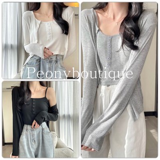 Set Cardigan Áo 2 Dây Cúc Giả PEONYB Nữ [FREESHIP] 🌸 Bộ croptop thun tăm dài tay kèm khoác ngoài trơn màu Ulzzang 🌸