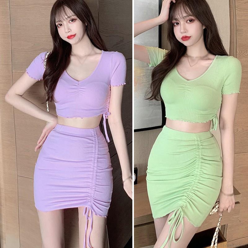 Set Áo Thun Tay Ngắn Cổ Chữ V + Chân Váy Ngắn Thời Trang Cho Nữ