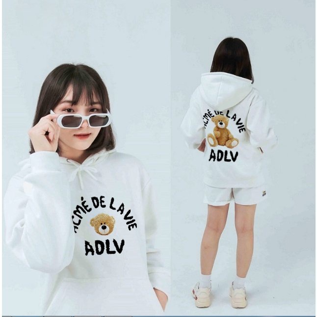 Áo hoodie ADLV gấu in 2 mặt, Áo Sweater đen trắng mẫu siêu hot năm nay