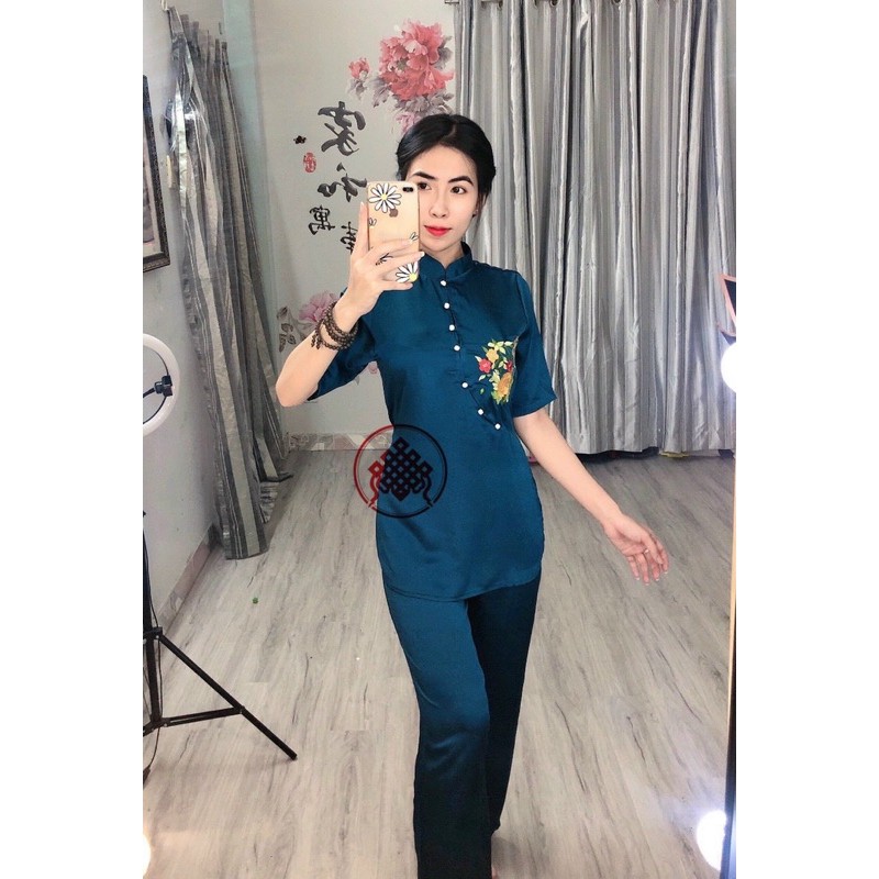 [Mã WASTCOOL giảm 15% tối đa 50K đơn 99K] Đồ Lam Đi Chùa PR028 Vải Lụa Cao Cấp Thêu Hoa Dây Thắt Cực Đẹp | BigBuy360 - bigbuy360.vn