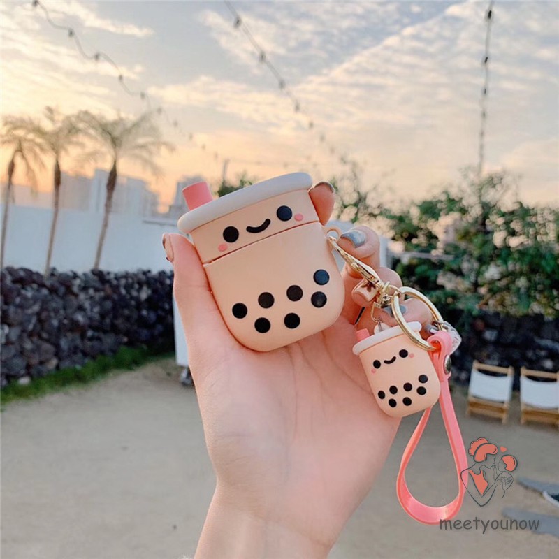 Bluetooth Headset Case Cute Cartoon Boba Tea with Keychain Silicone Dust-Proof Case For Airpods 1/2