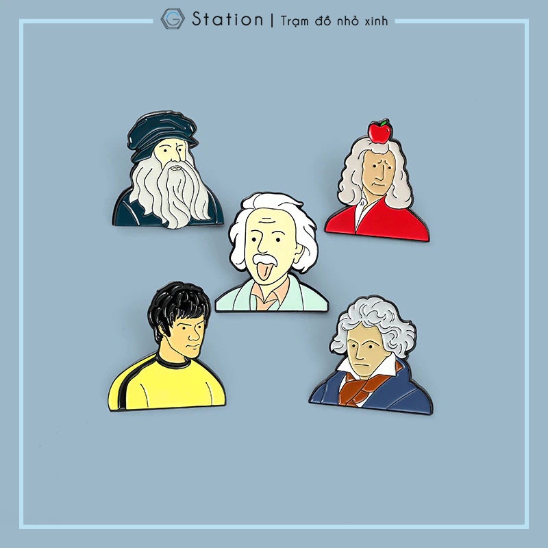 Pin cài áo vĩ nhân nổi tiếng thế giới Newton/ Einstein/ Beethoven/ Da Vinci/ Bruce Lee Lý Tiểu Long  -  GC436