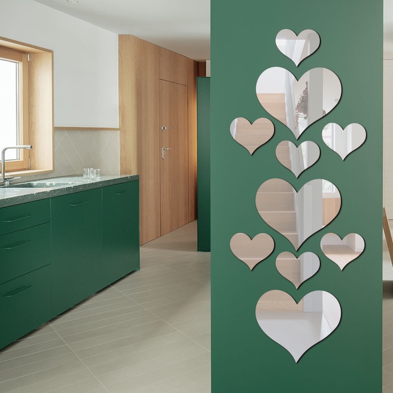Bộ 10 Miếng Dán Mặt Gương 3D Hình Trái Tim Nhiều Màu Trang Trí Nghệ Thuật Cho Tiệc Cưới